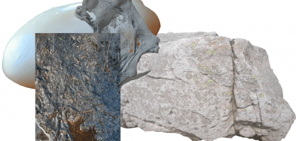 A digital image of work in progress by Ellie Barrett. Cut out images of rocks, mud and soap and overlaid with each other.