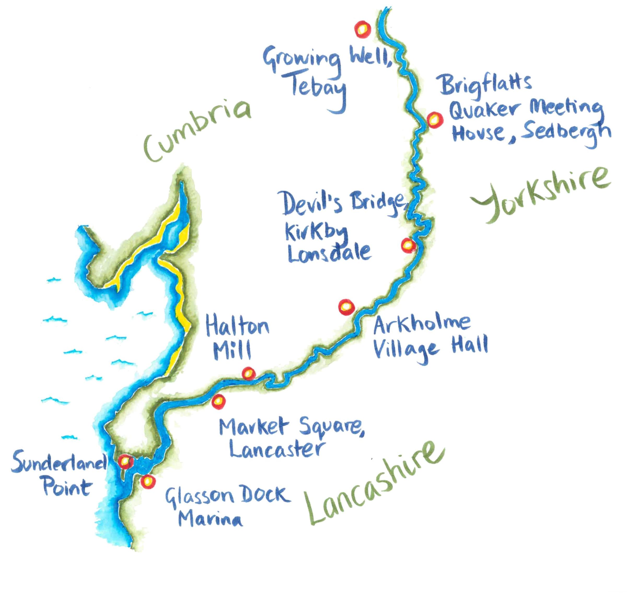 Illustrated map of the river Lune with Tebay, Sedbergh, Kirkby Lonsdale, Arkholme, Halton, Lancaster, Glasson Dock and Sunderland Point listed.