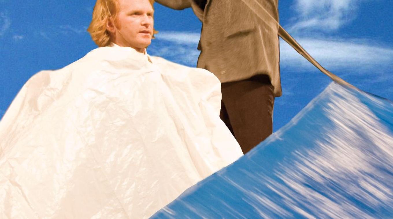 Two actors with a blue sky behind them and blue material as the sea